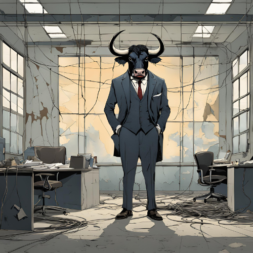 A bull in a suit in a rundown building