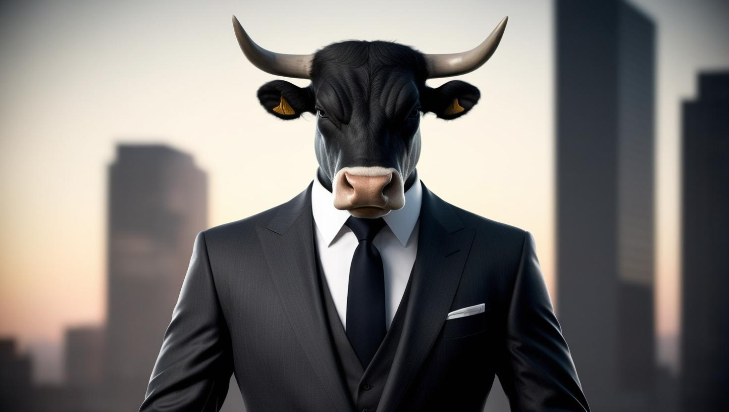 A bull in a suit with a city background