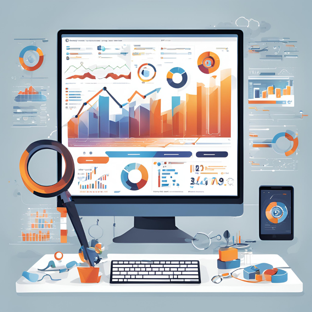 Busy image of a computer monitor and data graphs