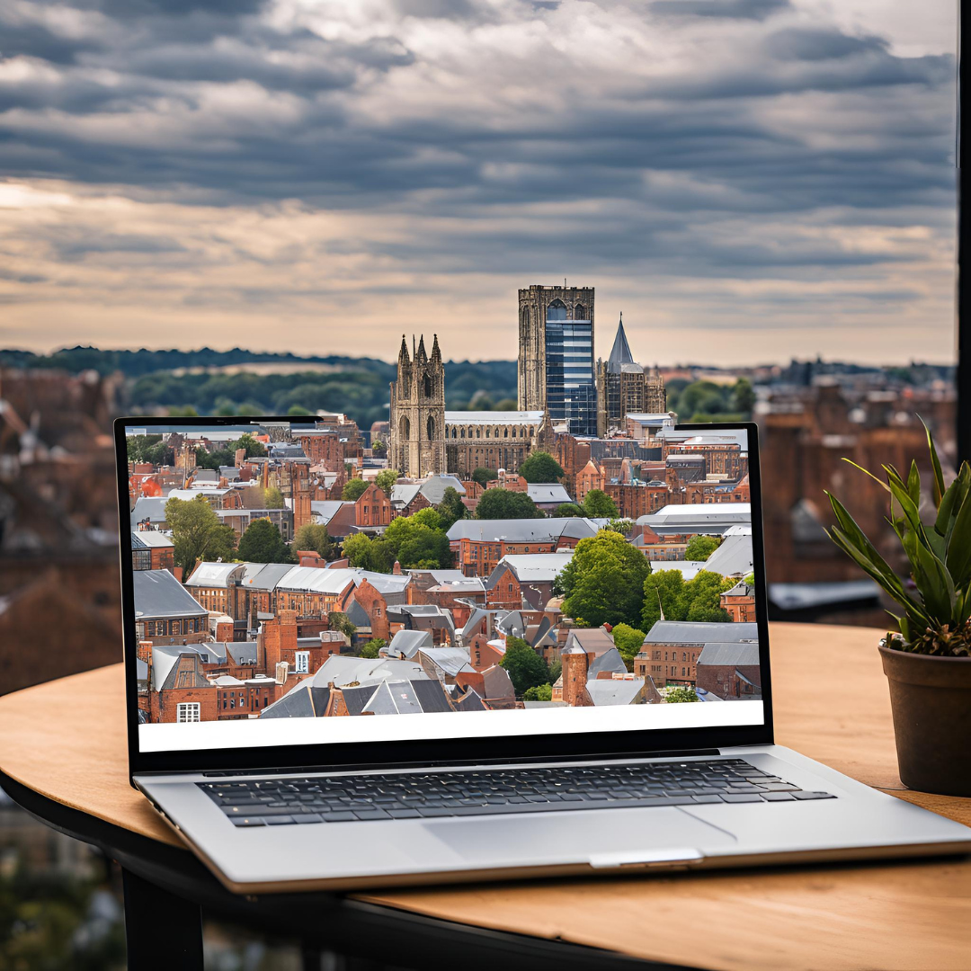 A laptop with a picture of durham on it