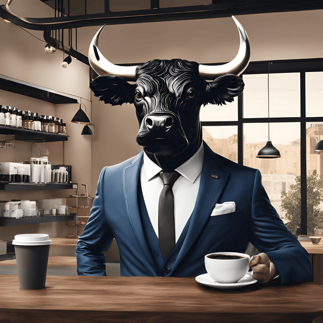 Bull in suit in a coffee shop