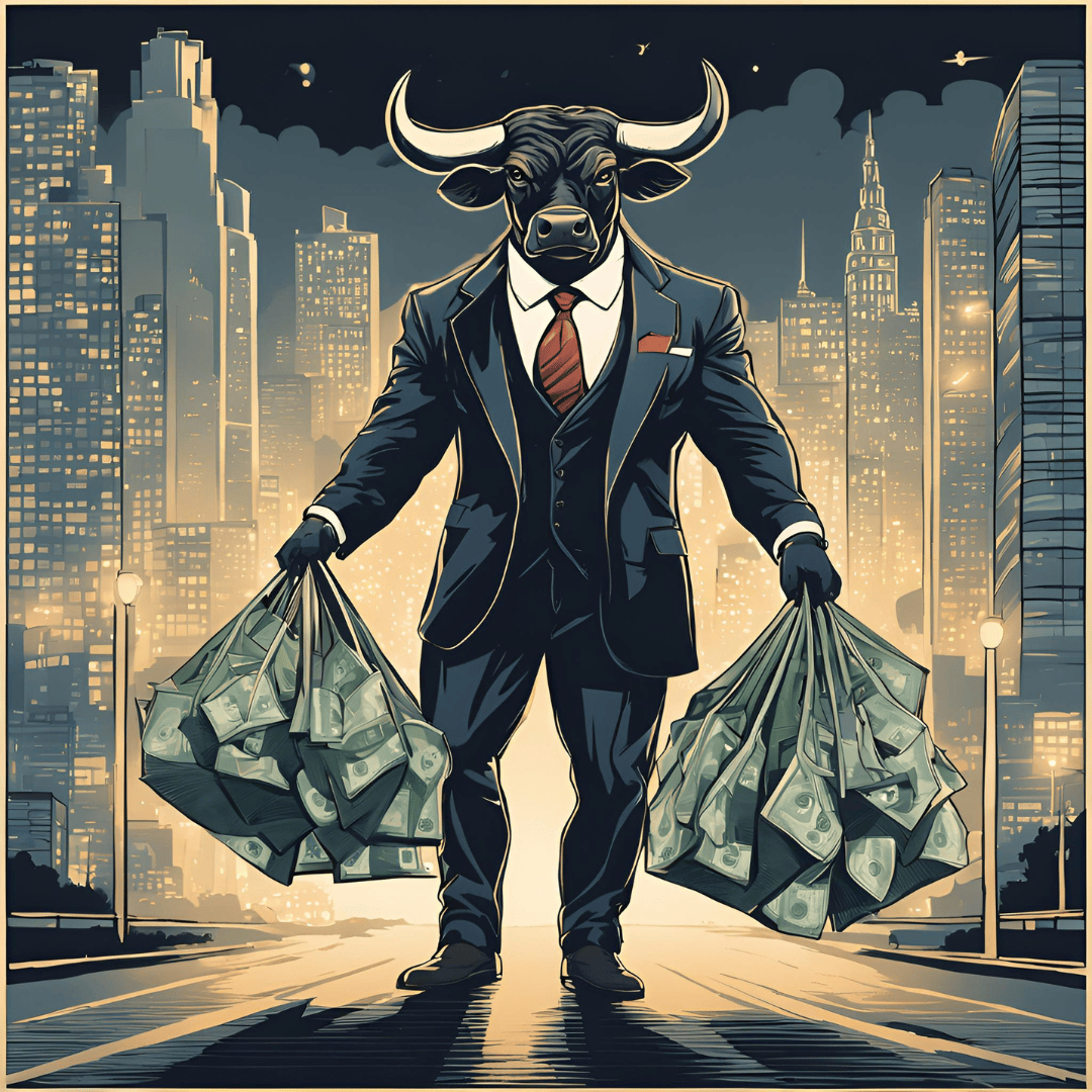 A bull in a suit holding bags of money in a city