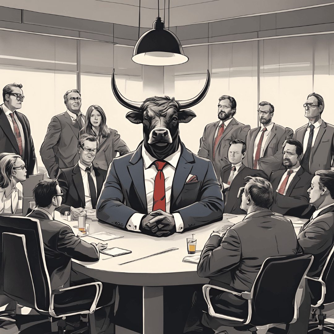 A bull in a suit in the middle of a corporate meeting