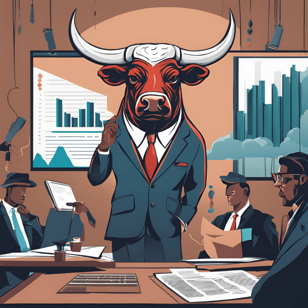 A bull dressed in a suit presenting market trends